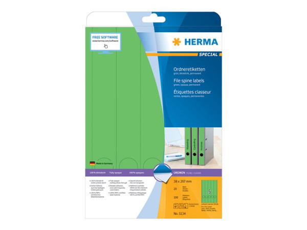 HERMA Ordneretiketten A4 gr?n 38x297 mm Papier opak 100 St.