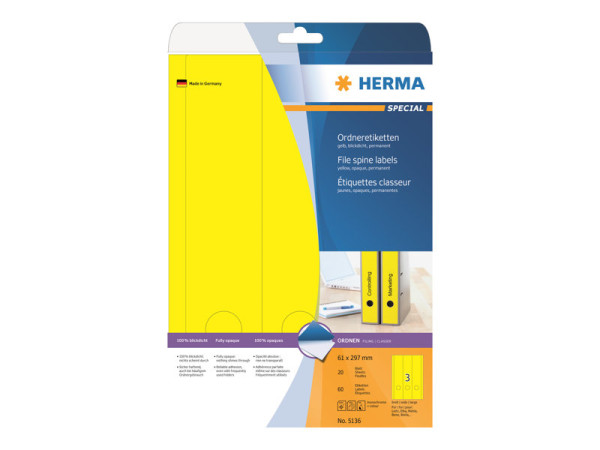 HERMA Ordneretiketten A4 gelb 61x297 mm Papier opak 60 St.