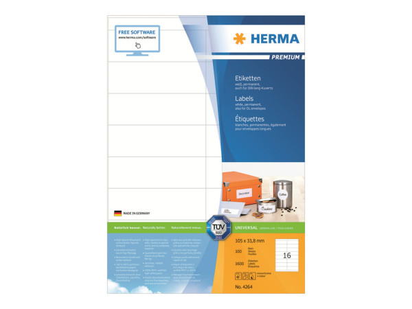 HERMA Etiketten Premium A4 wei? 105x33,8 mm Papier 1600 St.