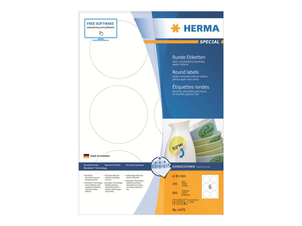 HERMA Etiketten A4 wei? 85 mm rund abl?sb. Papier 600 St.