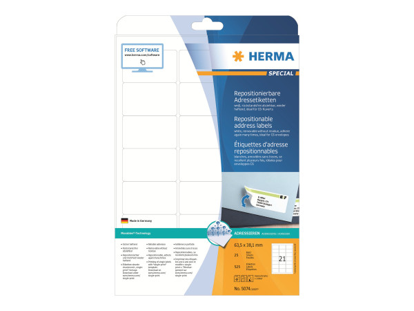 HERMA Adressetik. A4 wei? 63,5x38,1 mm abl. Papier 525 St.