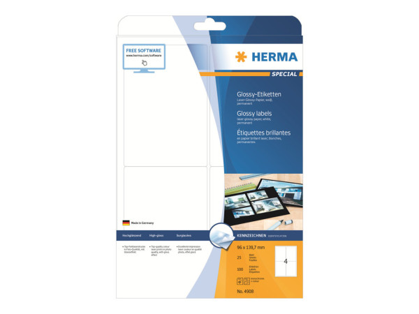 HERMA Etiketten A4 wei? 96x139,7 mm Papier gl?nz. 100 St.