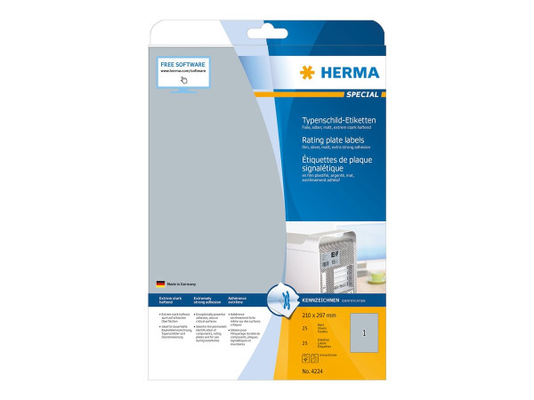 HERMA Typenschildetiketten A4 silb. 210x297 mm Folie 25 St.