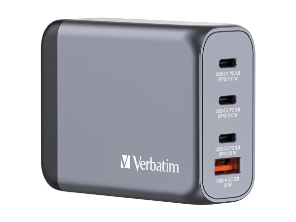 Verbatim GaN-Ladegerät 100W, 1x USB-A , 3x USB-C (grau, PD