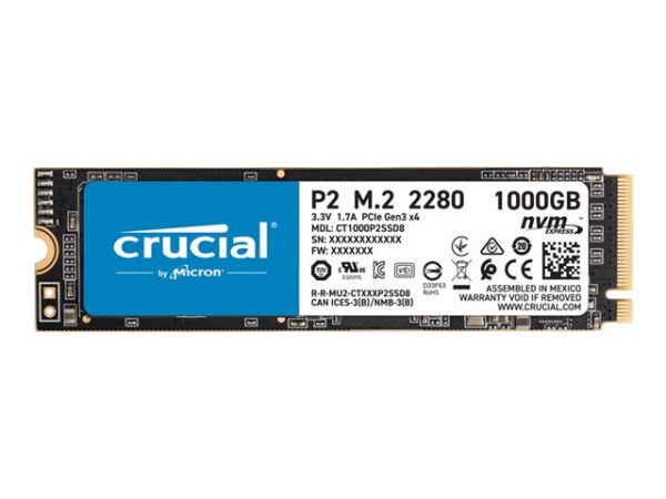 1000 GB Crucial SSD 2.40G/1.9G P2 1TB PCIe M.2 NVMe 3D NAND