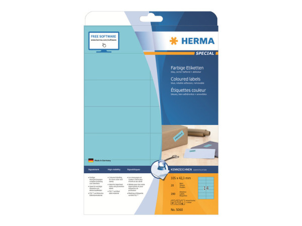 HERMA Etiketten A4 blau 105x42,3 mm Papier matt 280 St.