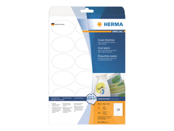 HERMA Etik. A4 wei? 63,5x42,3 mm oval abl?sb. Papier 450 St.