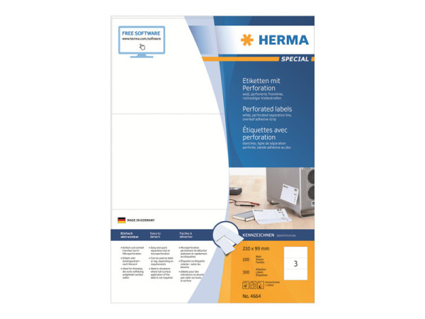 HERMA Etiketten A4 wei? 210x99 mm perforiert Papier 300 St.