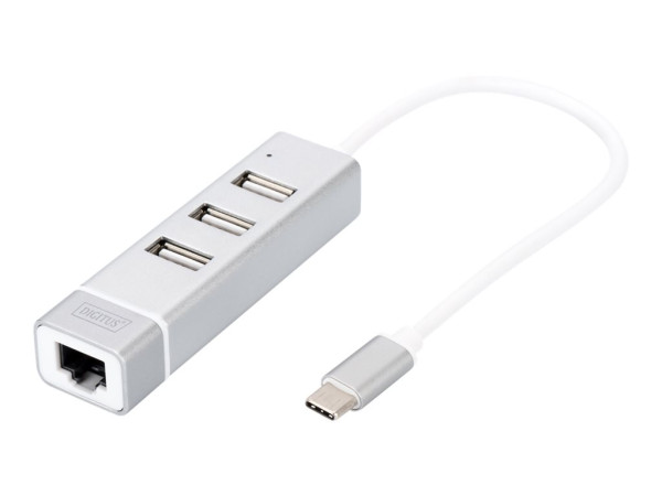 Digitus 3-Port USB Typ-C Hub (silber/weiß, + Fast Ethernet