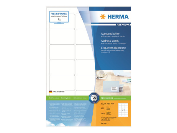 HERMA Adressetiketten A4 wei? 63,5x38,1 mm Papier 2100 St.