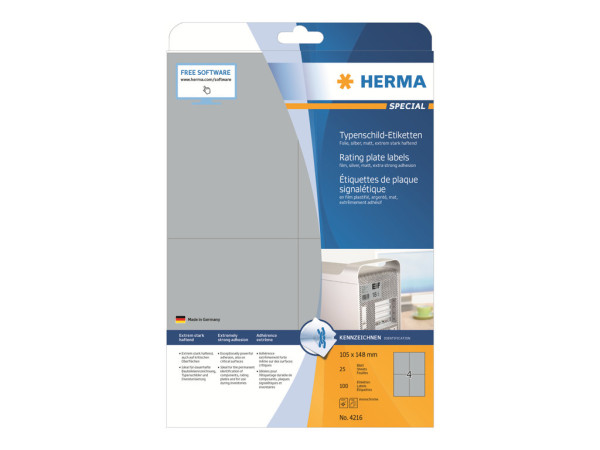 HERMA Typenschildetiketten A4 silb. 105x148 mm Folie 100 St.