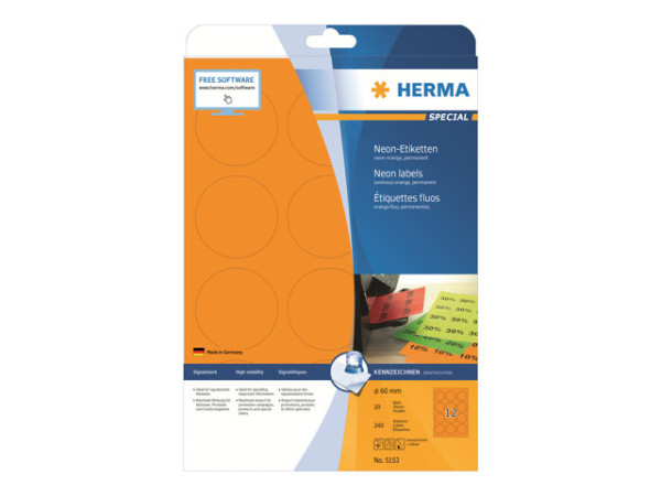 HERMA Etiketten A4 neon-orange 60 mm rund Papier 240 St.