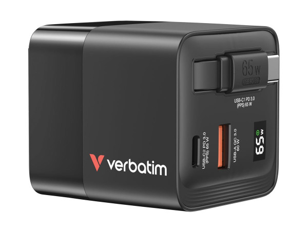 Verbatim GaN-Ladegerät 65W, 1x USB-A , 2x USB-C,