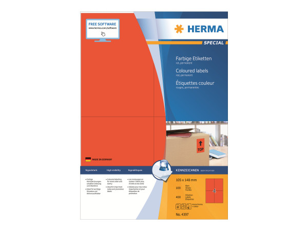 HERMA Etiketten A4 rot 105x148 mm Papier matt 400 St.