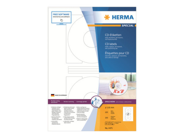 HERMA CD-Etiketten A4 wei? 116 mm Papier opak 200 St.