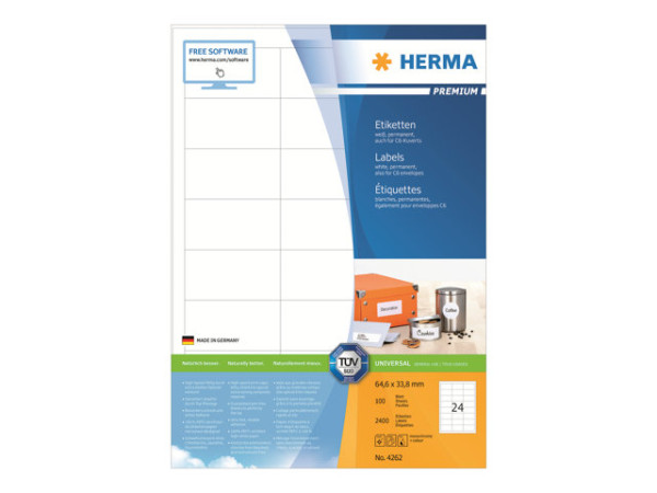 HERMA Etiketten A4 wei? 64,6x33,8 mm Papier 2400 St.