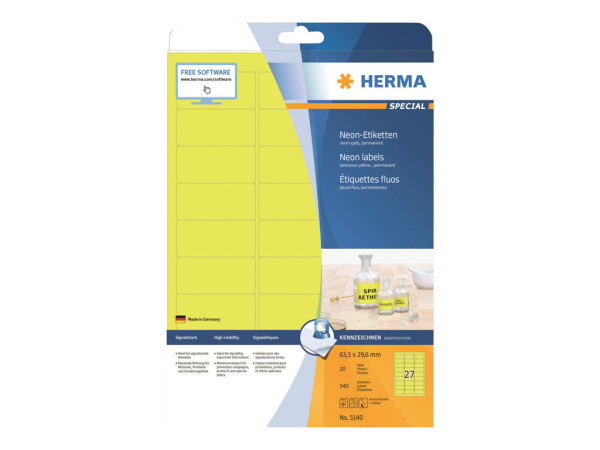 HERMA Etiketten A4 neon-gelb 63,5x29,6 mm Papier 540 St.