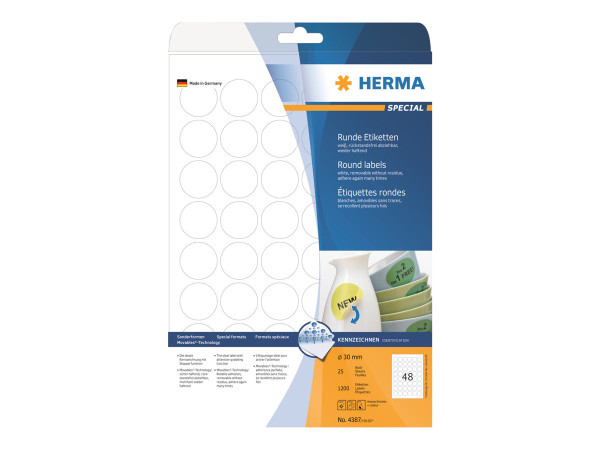 HERMA Etiketten A4 wei? 30 mm rund abl?sb. Papier 1200 St.