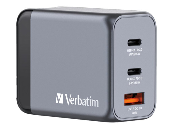 Verbatim GaN-Ladegerät 65W, 1x USB-A , 2x USB-C (grau, PD