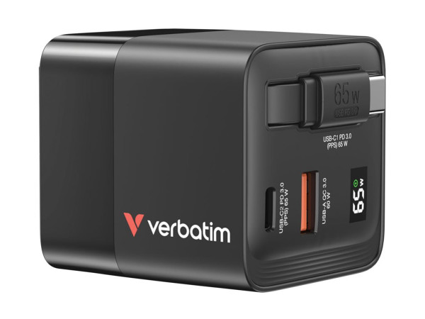 Verbatim GaN-Ladegerät 65W, 1x USB-A , 2x USB-C,