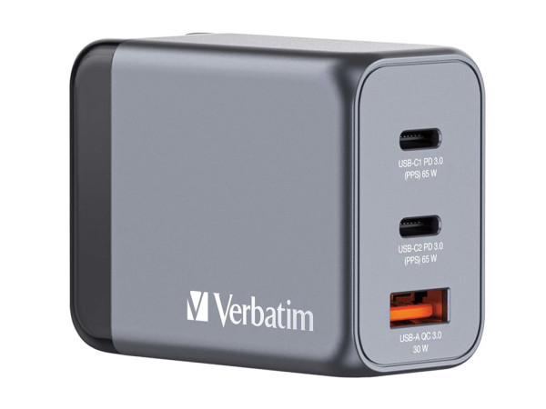Verbatim GaN-Ladegerät 65W, 1x USB-A , 2x USB-C (grau, PD