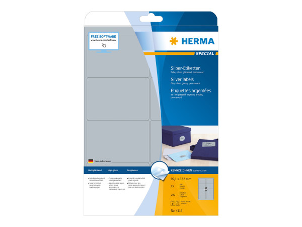 HERMA Etiketten A4 silber 99,1x67,7 mm Folie gl?nz. 200 St.