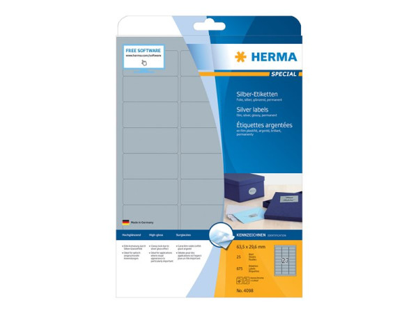 HERMA Etiketten A4 silber 63,5x29,6 mm Folie gl?nz. 675 St.