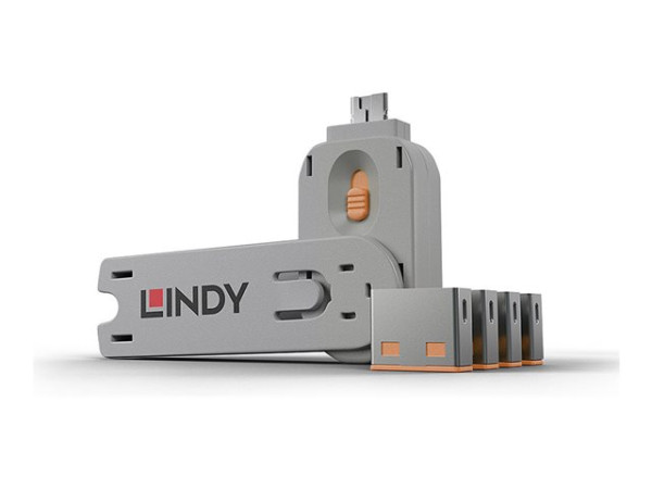 Lindy USB Port Schloss (4 Stück) mit Schlüssel Code: ORANGE