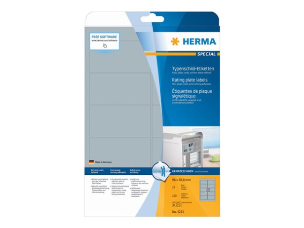 HERMA Typenschildetiketten A4 silb. 96x50,8 mm Folie 250 St.