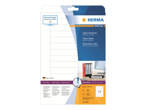 HERMA Video-Etiketten A4 wei? 147,3x20 mm Papier 325 St.