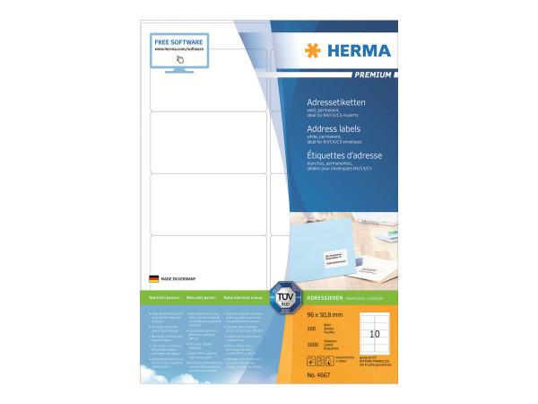 HERMA Adressetiketten A4 wei? 96x50,8 mm Papier 1000 St.