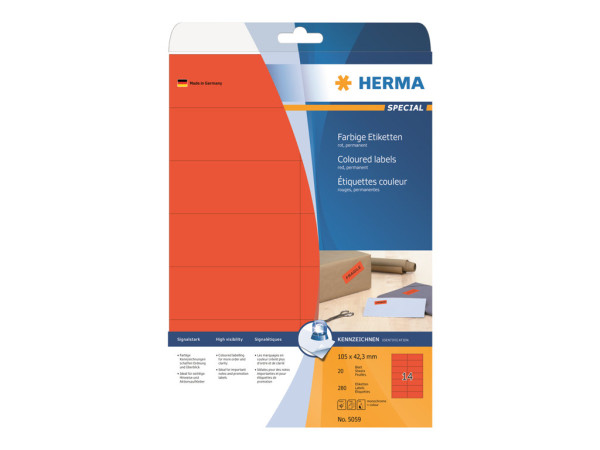 HERMA Etiketten A4 rot 105x42,3 mm Papier matt 280 St.