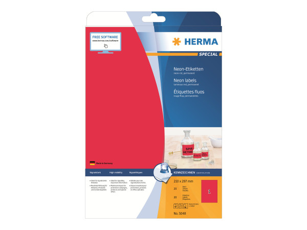 HERMA Etiketten A4 neon-rot 210x297 mm Papier matt 20 St.