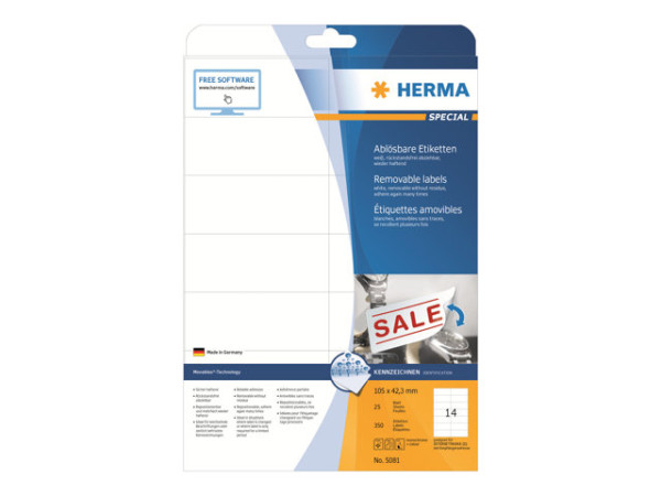 HERMA Etiketten A4 wei? 105x42,3 mm abl?sbar Papier 350 St.