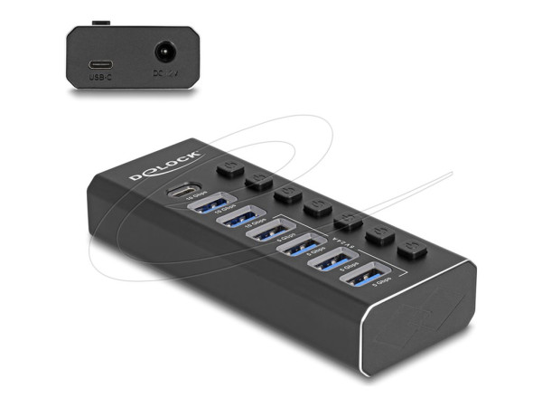 DeLOCK 7 Port USB Hub mit Schalter und Beleuchtung USB-C 3.1