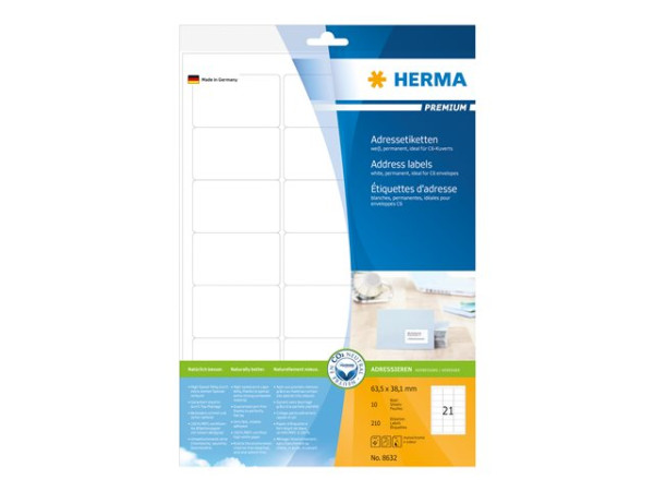 HERMA Adressetiketten A4 wei? 63,5x38,1 mm Papier 210 St.