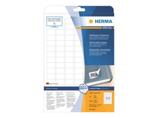 HERMA Etiketten A4 wei? 25,4x16,9 mm abl?sb. Papier 2800 St.