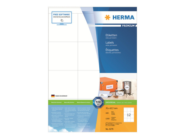 HERMA Etiketten Premium A4 wei? 70x67,7 mm Papier 1200 St.