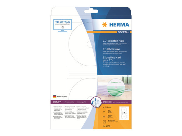 HERMA Inkjet CD-Etiketten A4 wei? 116 mm Papier 50 St.