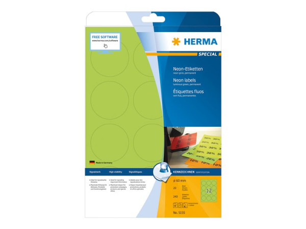 HERMA Etiketten A4 neon-gr?n 60 mm rund Papier 240 St.