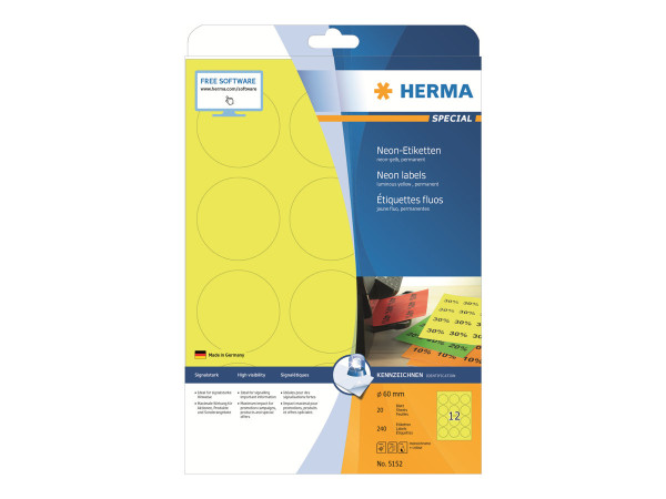 HERMA Etiketten A4 neon-gelb 60 mm rund Papier 240 St.