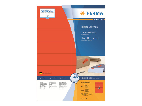 HERMA Etiketten A4 rot 105x37 mm Papier matt 1600 St.