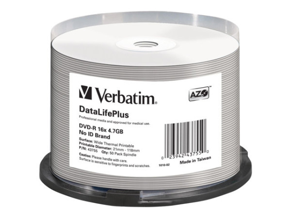 DVD-R Verbatim 4,7GB 50pcs Spin White Wide Thermal 16x
