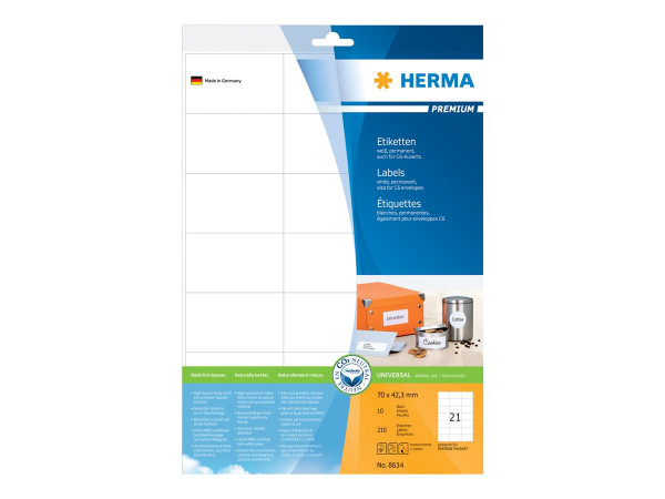 HERMA Etiketten Premium A4 wei? 70x42,3 mm Papier 210 St.