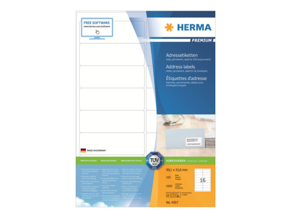 HERMA Adressetiketten A4 wei? 99,1x33,8 mm Papier 1600 St.