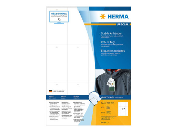 HERMA Anh?ng. rei?fest A4 52,5x93,5 mm wei? perf. 1200 St.