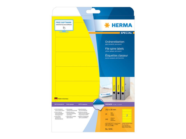 HERMA Ordneretiketten A4 gelb 192x38 mm Papier opak 140 St.