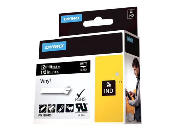 Dymo Rhino Vinylband 1805435, Schriftband 12 mm, weiß auf