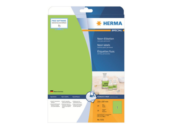 HERMA Etiketten A4 neon-gr?n 210x297 mm Papier matt 20 St.