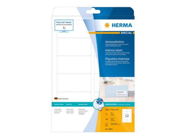 HERMA Inkjet Adressetik. A4 wei? 88,9x46,6 mm Papier 300 St.